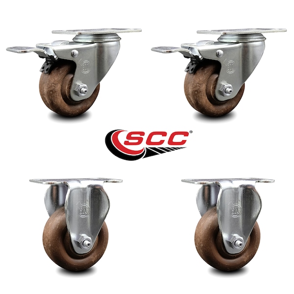 3.5 Inch High Temp Glass Filled Nylon Top Plate Caster Lock Brakes 2 Rigid, 2PK